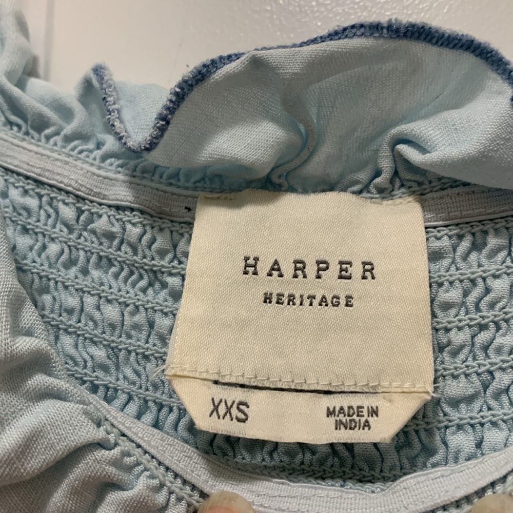 3/$15 Harper Heritage blue size XXS ruffled smocked baby top with beige buttons - Picture 3 of 6